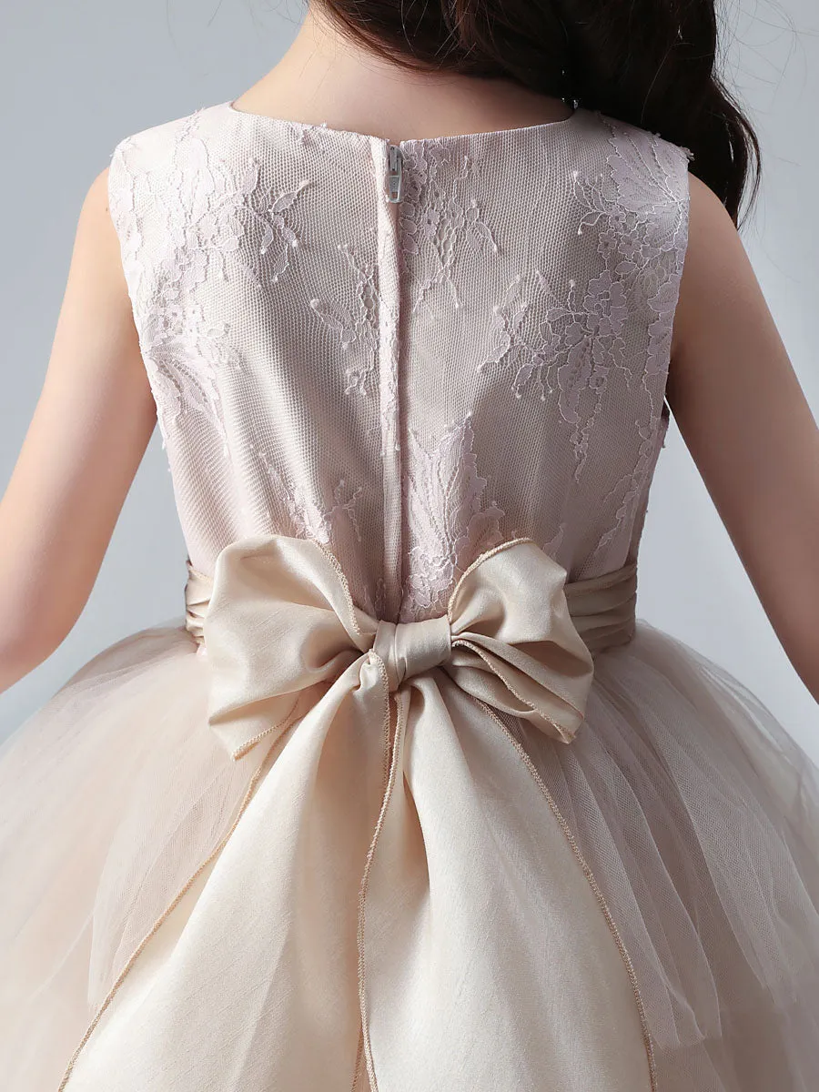 Champagne Color Jewel Neck Tulle Sleeveless Ankle-Length Princess Dress Formal Kids Pageant flower girl dresses