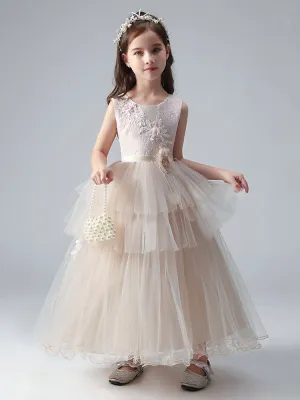 Champagne Color Jewel Neck Tulle Sleeveless Ankle-Length Princess Dress Formal Kids Pageant flower girl dresses