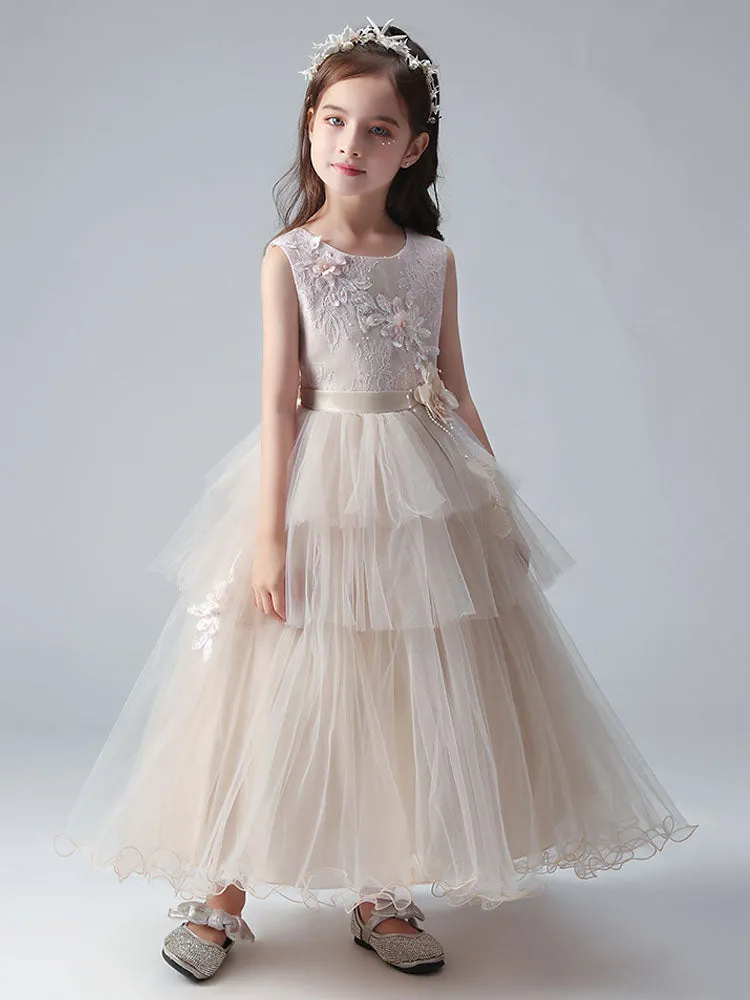 Champagne Color Jewel Neck Tulle Sleeveless Ankle-Length Princess Dress Formal Kids Pageant flower girl dresses