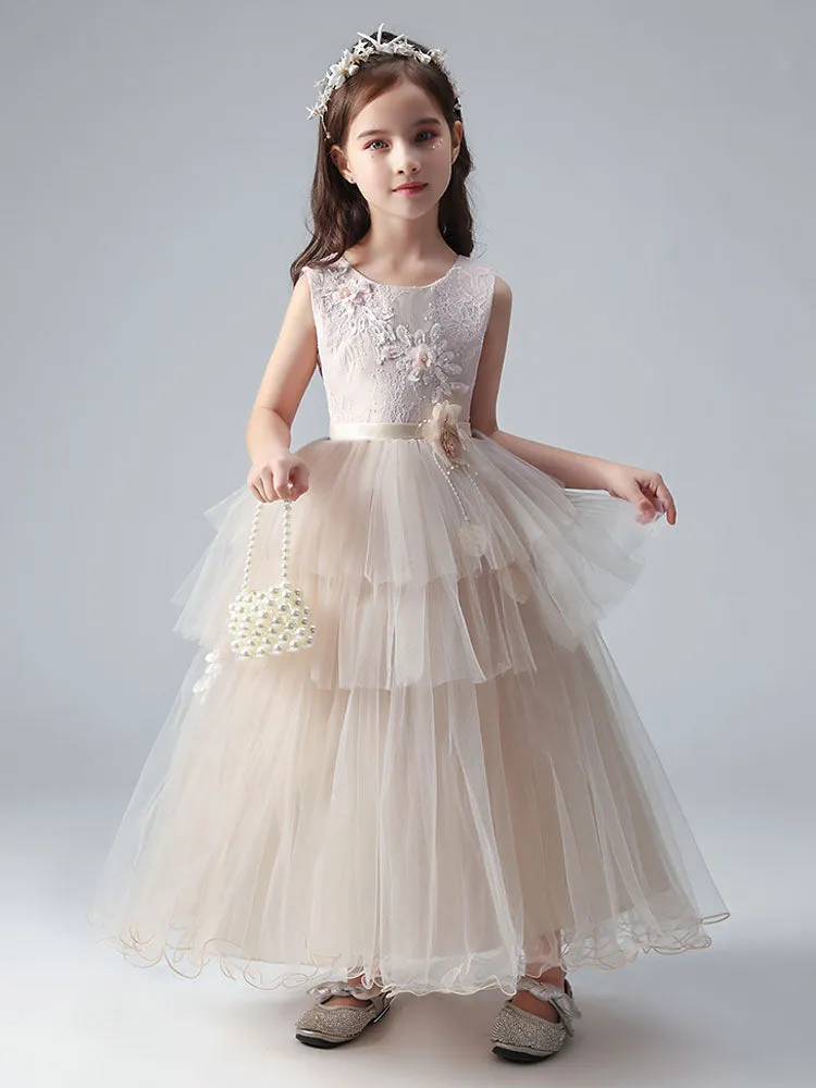 Champagne Color Jewel Neck Tulle Sleeveless Ankle-Length Princess Dress Formal Kids Pageant flower girl dresses