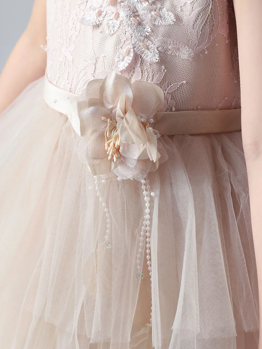 Champagne Color Jewel Neck Tulle Sleeveless Ankle-Length Princess Dress Formal Kids Pageant flower girl dresses