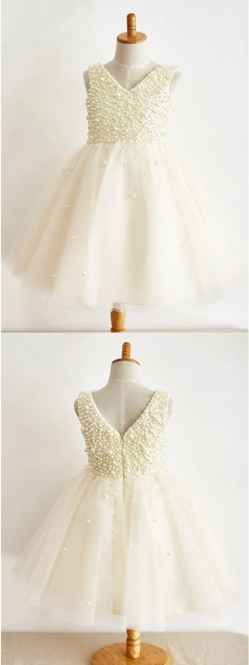 Charming Cheap A-Line V-Neck Floor-Length Ivory Tulle Flower Girl Dress with Pearls, FG127