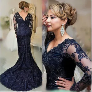 Charming Dark Navy Lace Mermaid Long Sleeve Mother of the Bride