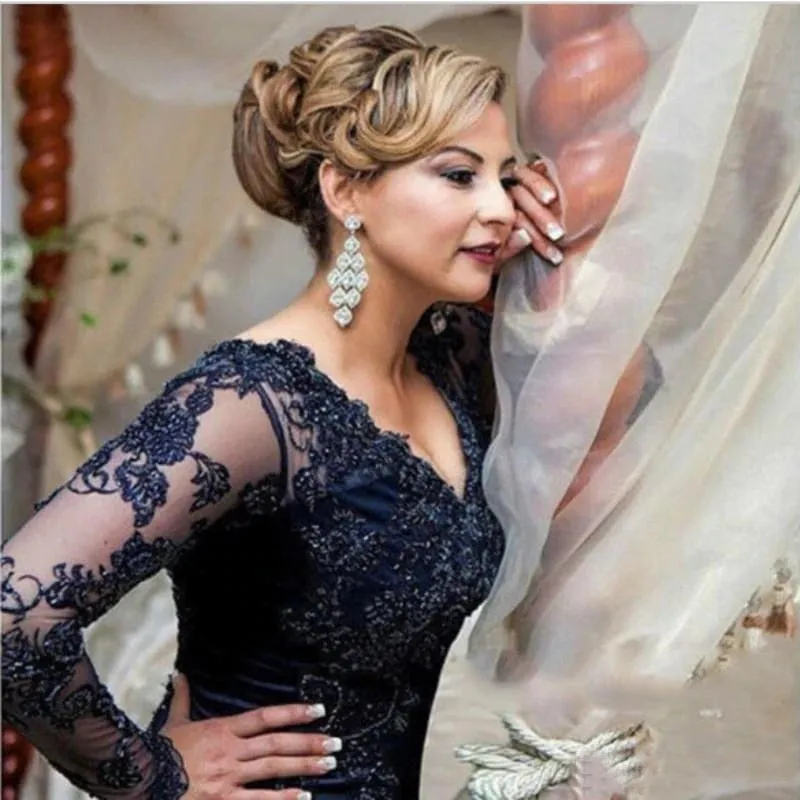 Charming Dark Navy Lace Mermaid Long Sleeve Mother of the Bride