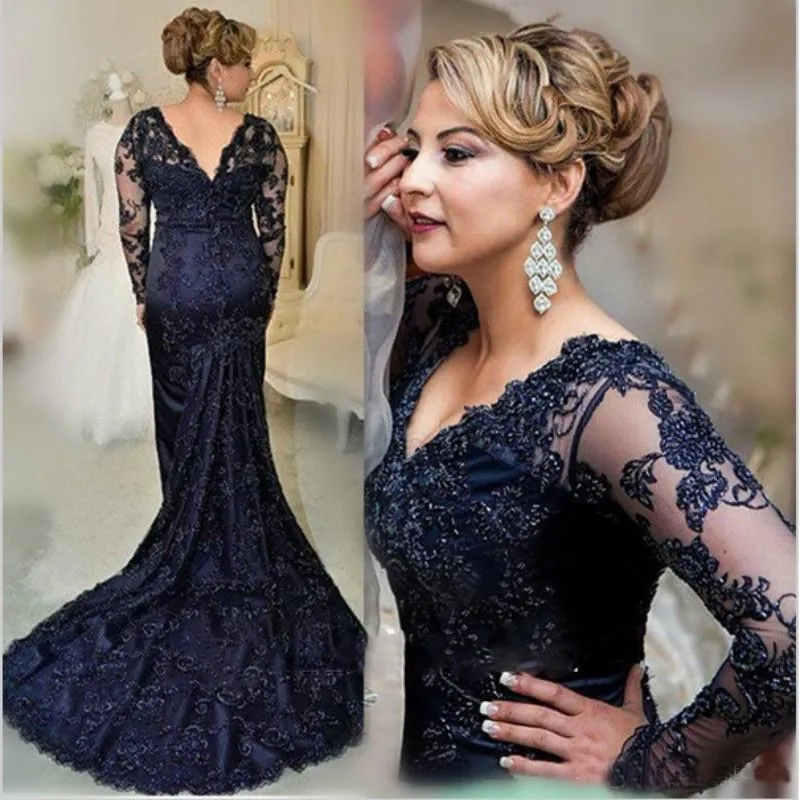 Charming Dark Navy Lace Mermaid Long Sleeve Mother of the Bride