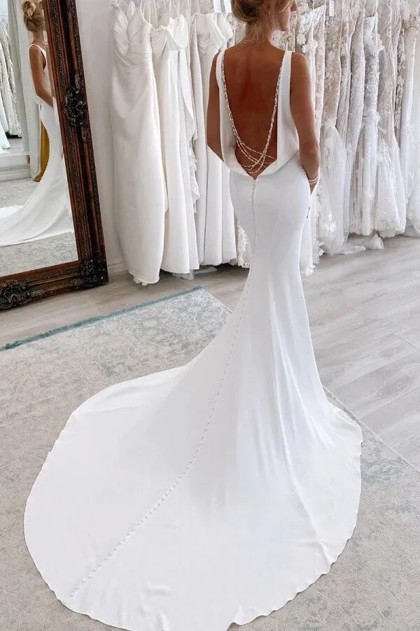 Charming Satin Mermaid V-neck Wedding Dresses With Court Train, SW701