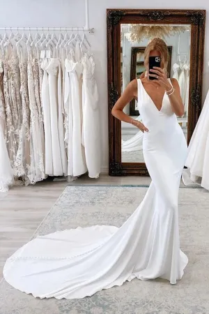 Charming Satin Mermaid V-neck Wedding Dresses With Court Train, SW701