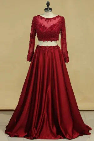 Cheap Burgundy Two-Piece Prom Dresses A Line Satin Lace Applique