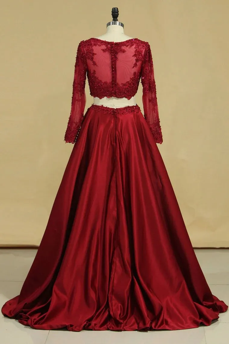 Cheap Burgundy Two-Piece Prom Dresses A Line Satin Lace Applique