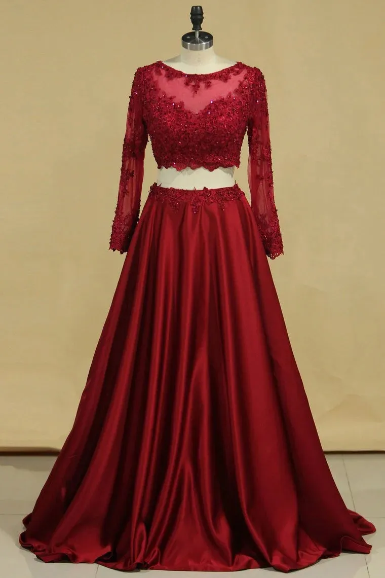 Cheap Burgundy Two-Piece Prom Dresses A Line Satin Lace Applique