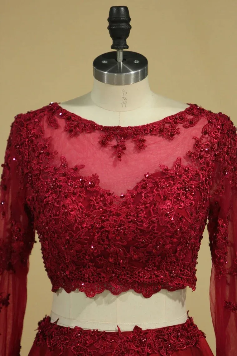 Cheap Burgundy Two-Piece Prom Dresses A Line Satin Lace Applique
