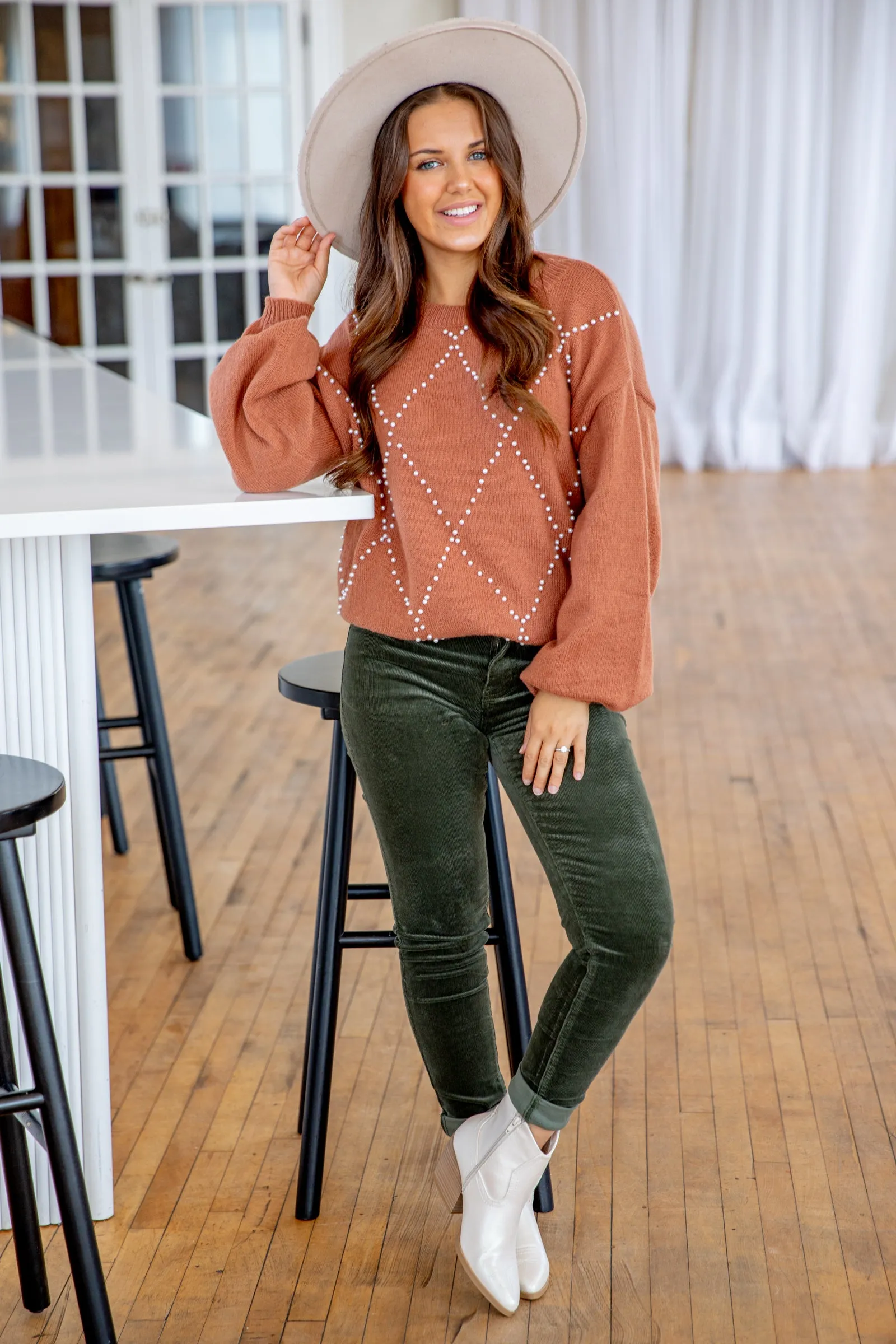 Chestnut Pearl Beaded Sweater