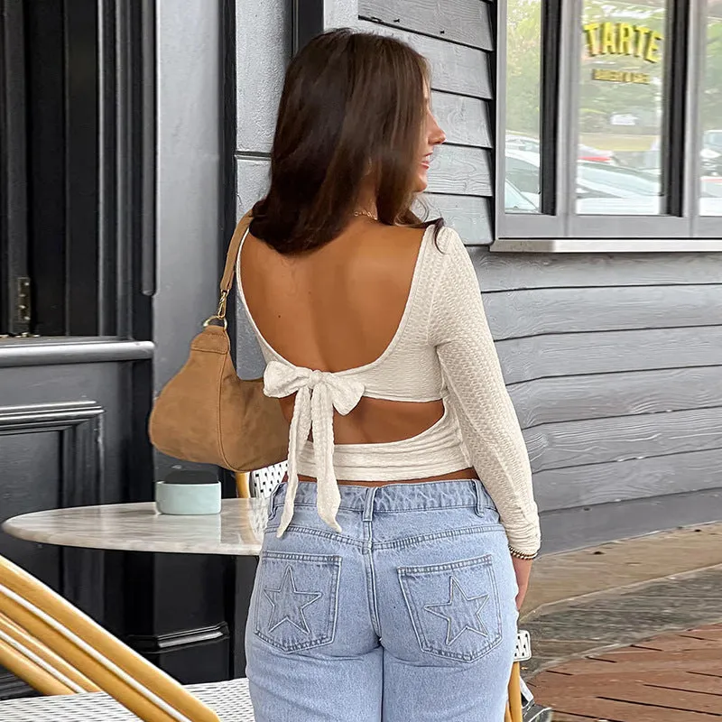 Chic Minimalist Square-Neck Backless Lace-Up Casual Top