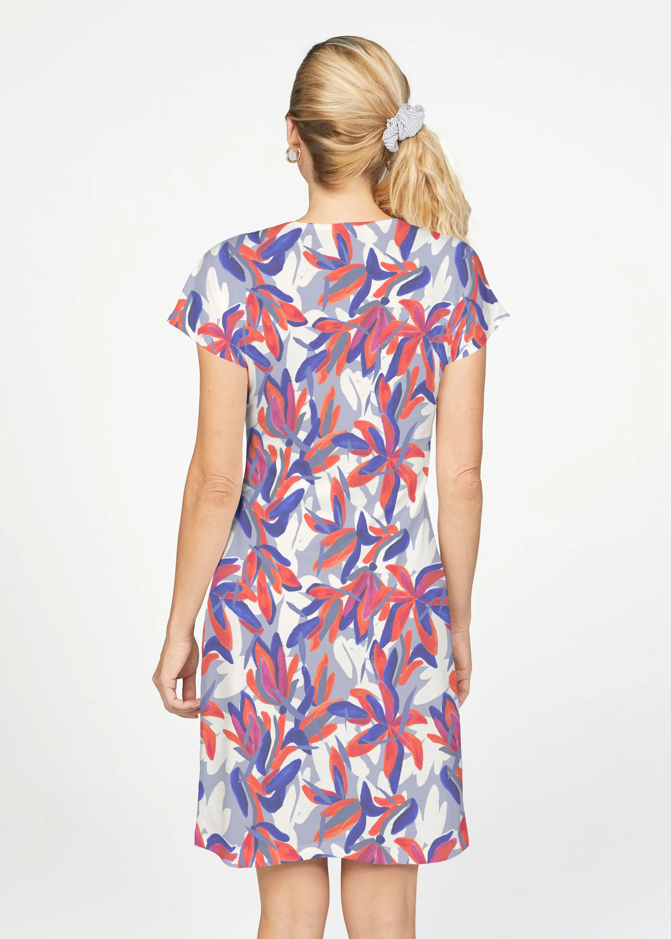 Colorful Palm Blue (7901) ~ French Terry Short Sleeve Crew Dress