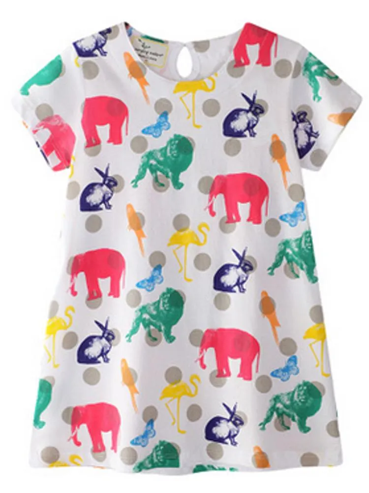 Counting Animals - Multicoloured Short Sleeved White Dress