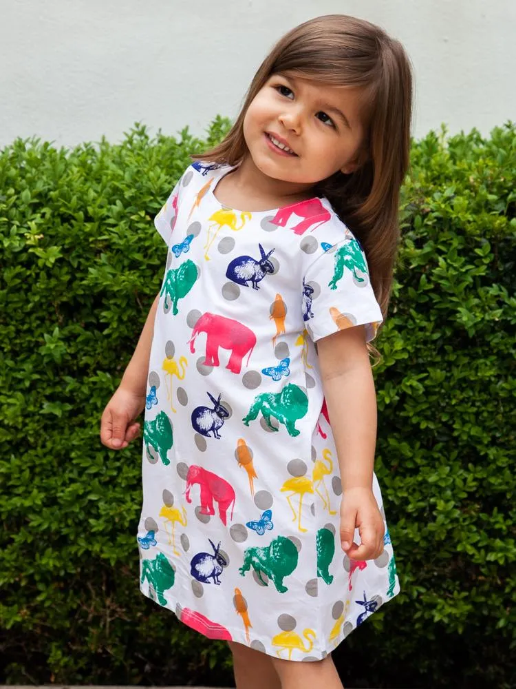 Counting Animals - Multicoloured Short Sleeved White Dress