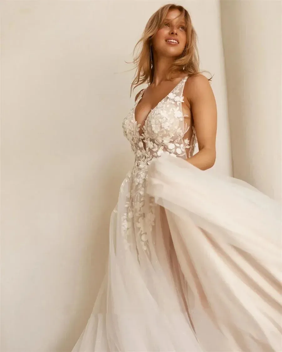 Customize To Measures Country V-Neck Slit Wedding Dress See Through Applique Lace a Slit Crafted for Timeless Bridal Dress 2025