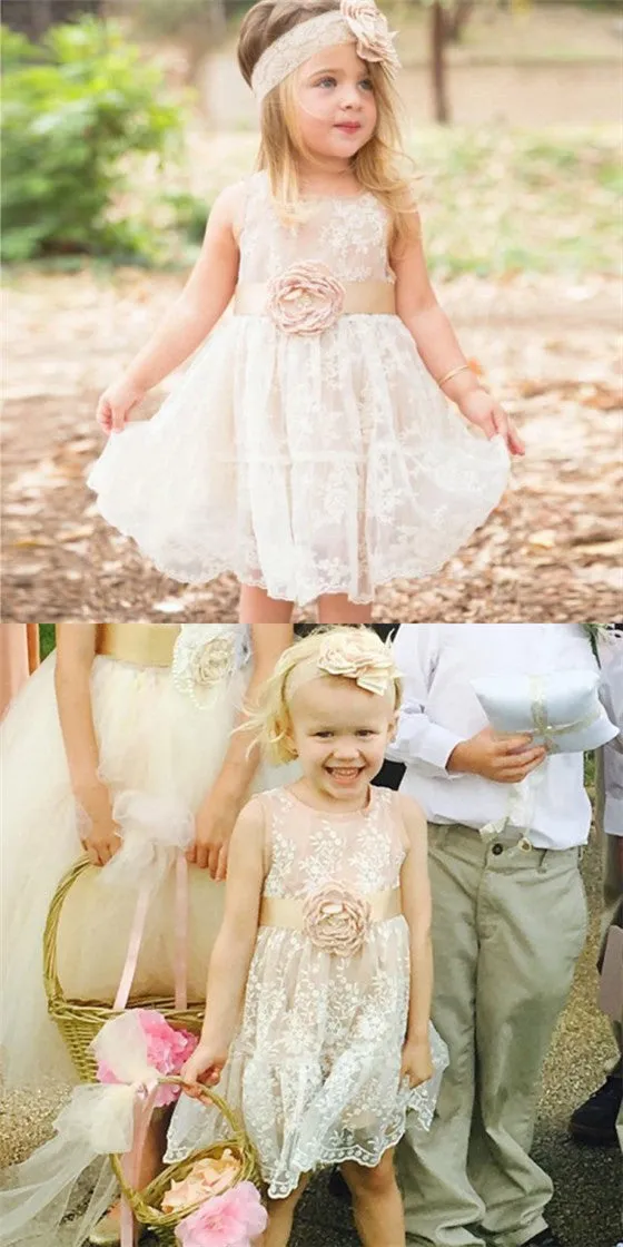 Cute A-Line Round Neck Ivory Lace Flower Girl Dresses with Handmade Flower And Bow, QB0103