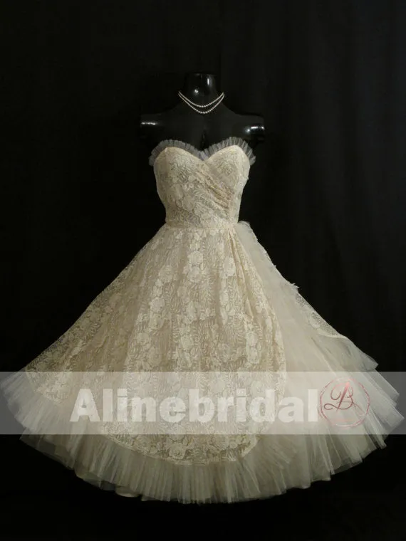 Dark Ivory Lace Sweetheart Strapless Vintage Homecoming Dresses,HD0006