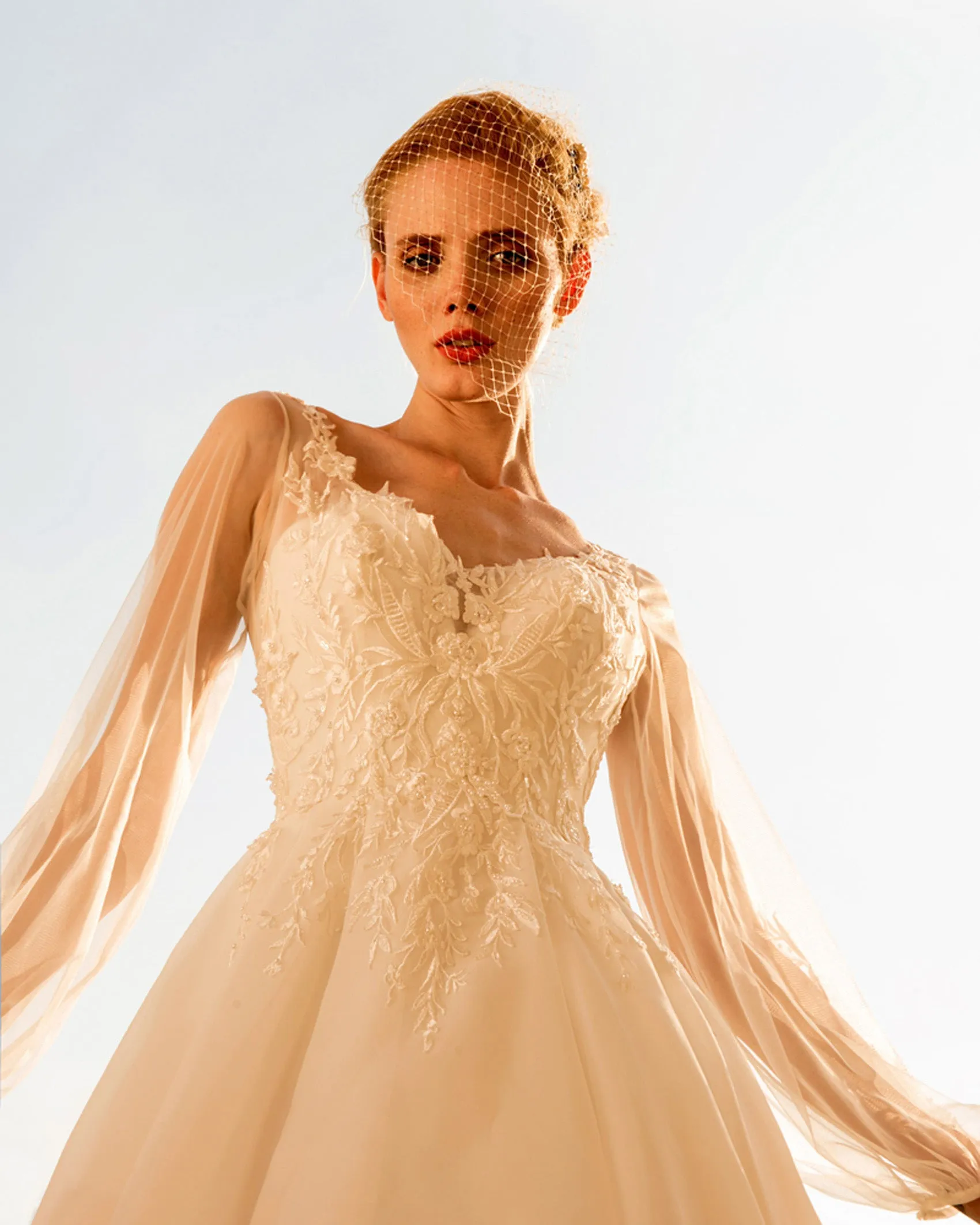 Delicate Lace Tulle Wedding Dresses Sexy See Through Bishop Sleeves V-Neck A-line Bridal Gowns Outdoors