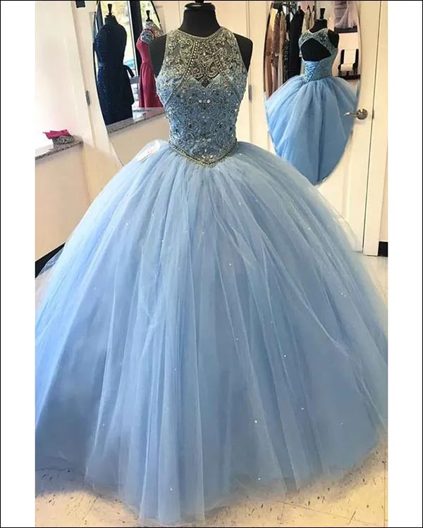 Delicate Light Sky Blue Quinceanera Dresses with Rhinestones Sheer O-Neck Tulle Puffy Ball Gown Sweet 16 Dresses
