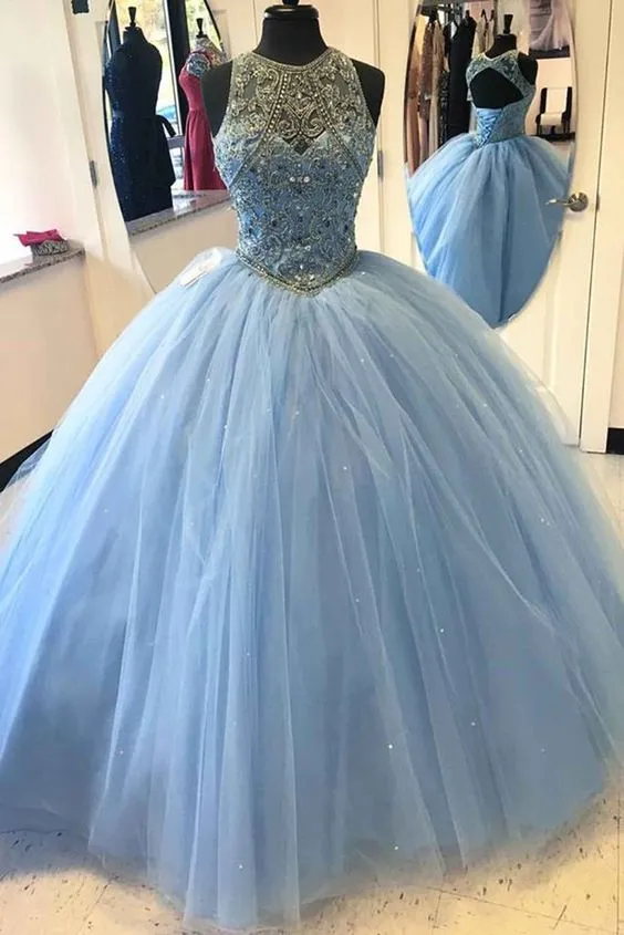 Delicate Light Sky Blue Quinceanera Dresses with Rhinestones Sheer O-Neck Tulle Puffy Ball Gown Sweet 16 Dresses