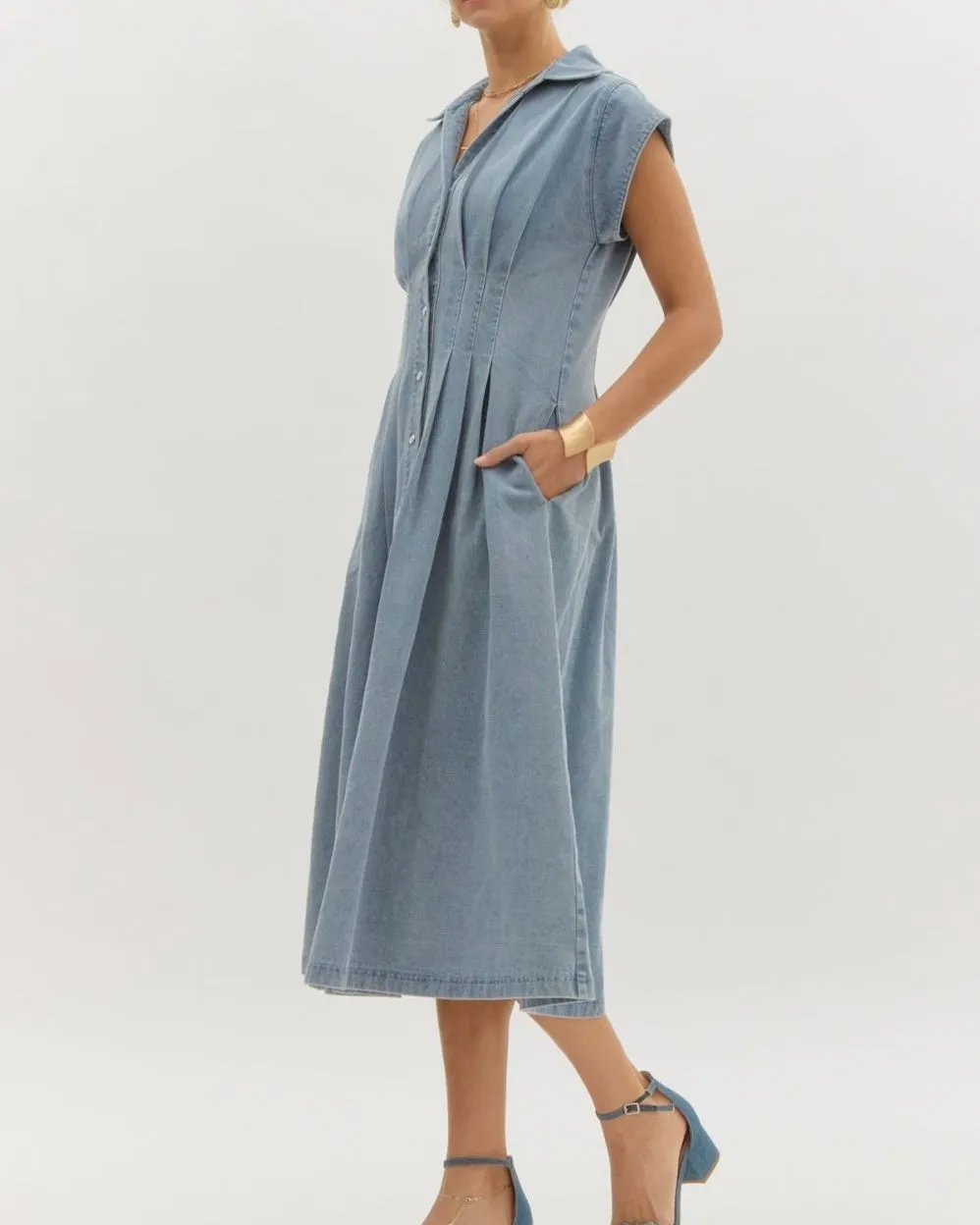 Denim Midi Dress in Light Blue