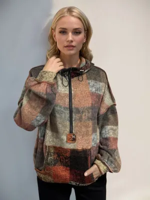 Double Take Full Size Half Zip Fleece Hoodie met soortgelijke naden