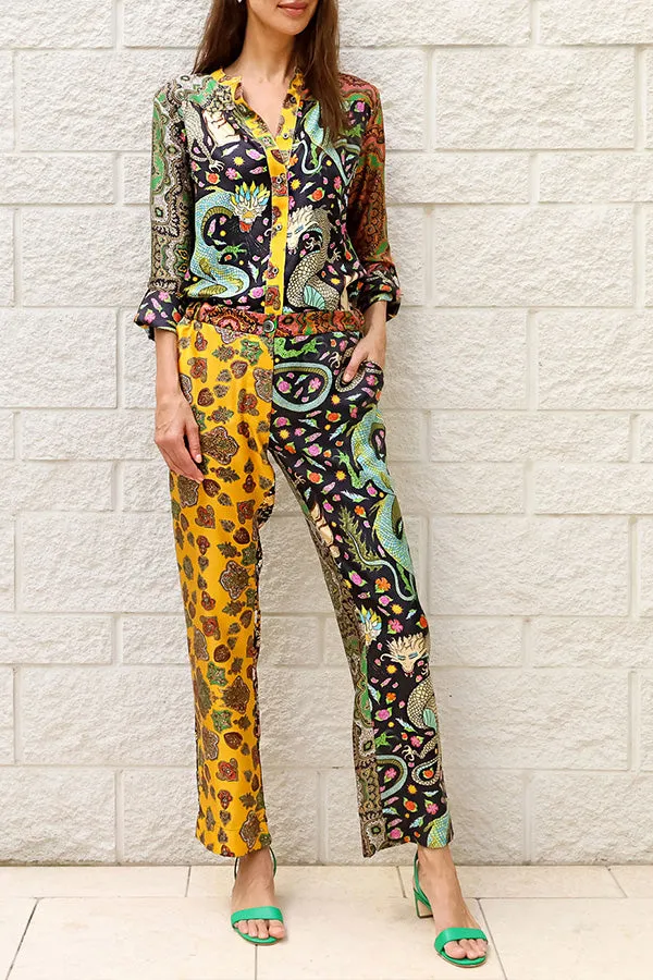 Dragon of My Eye Paisley Printed Patchwork Casual Blouse