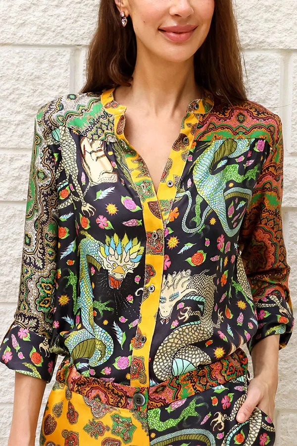 Dragon of My Eye Paisley Printed Patchwork Casual Blouse