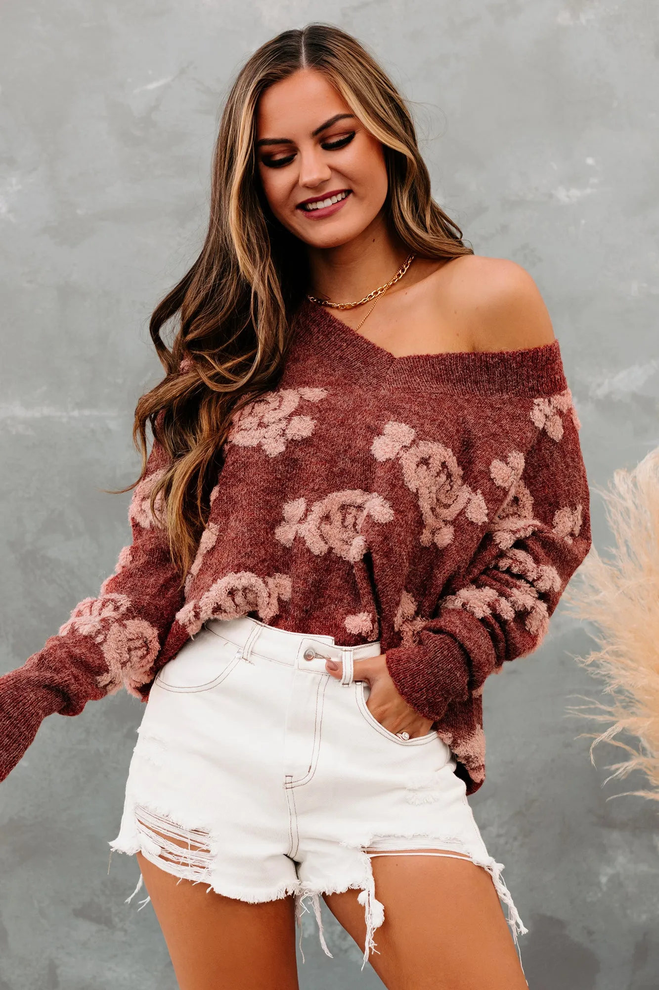 Eccentric Energy Textured Distressed Hem Sweater (Brick)