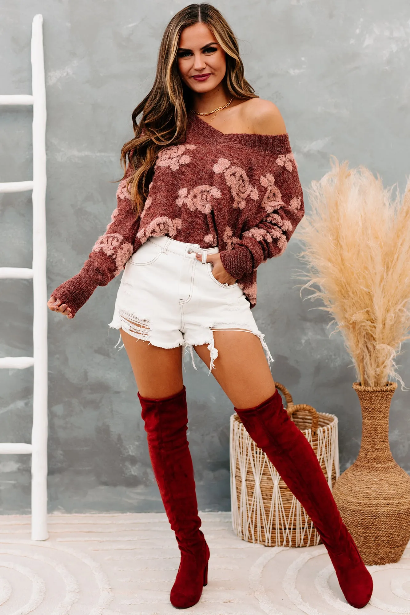 Eccentric Energy Textured Distressed Hem Sweater (Brick)