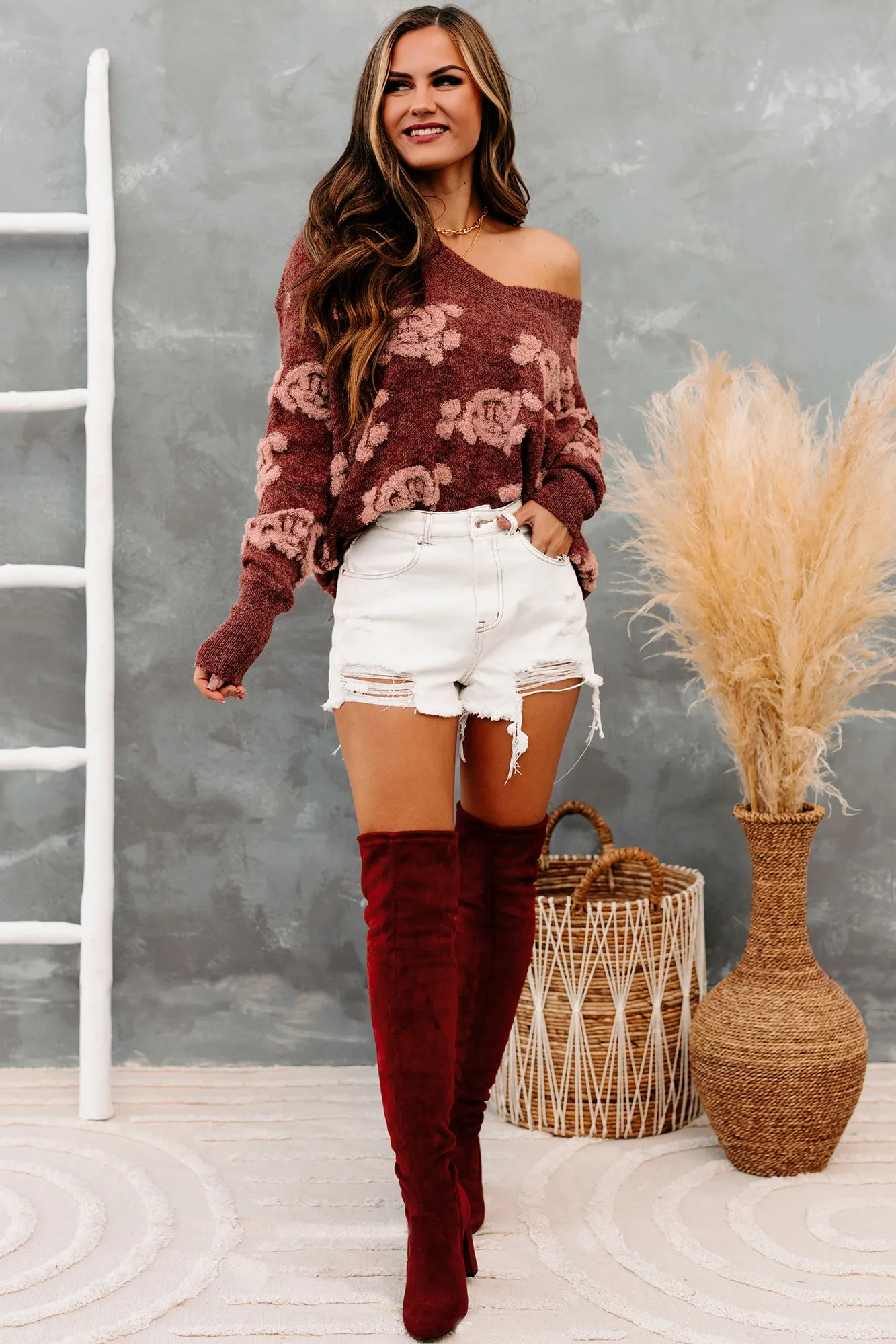 Eccentric Energy Textured Distressed Hem Sweater (Brick)