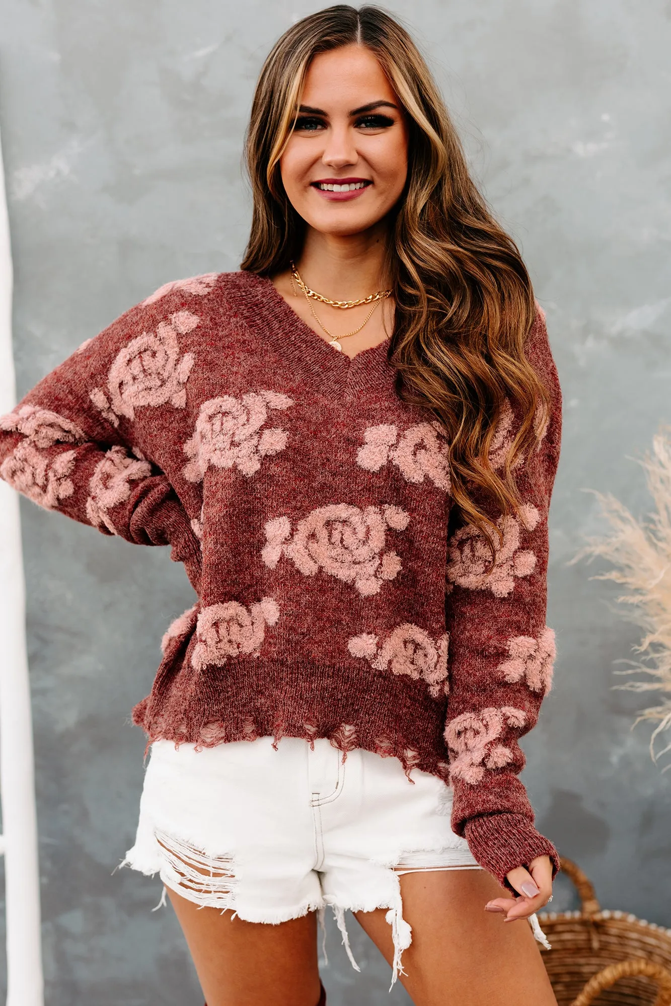 Eccentric Energy Textured Distressed Hem Sweater (Brick)