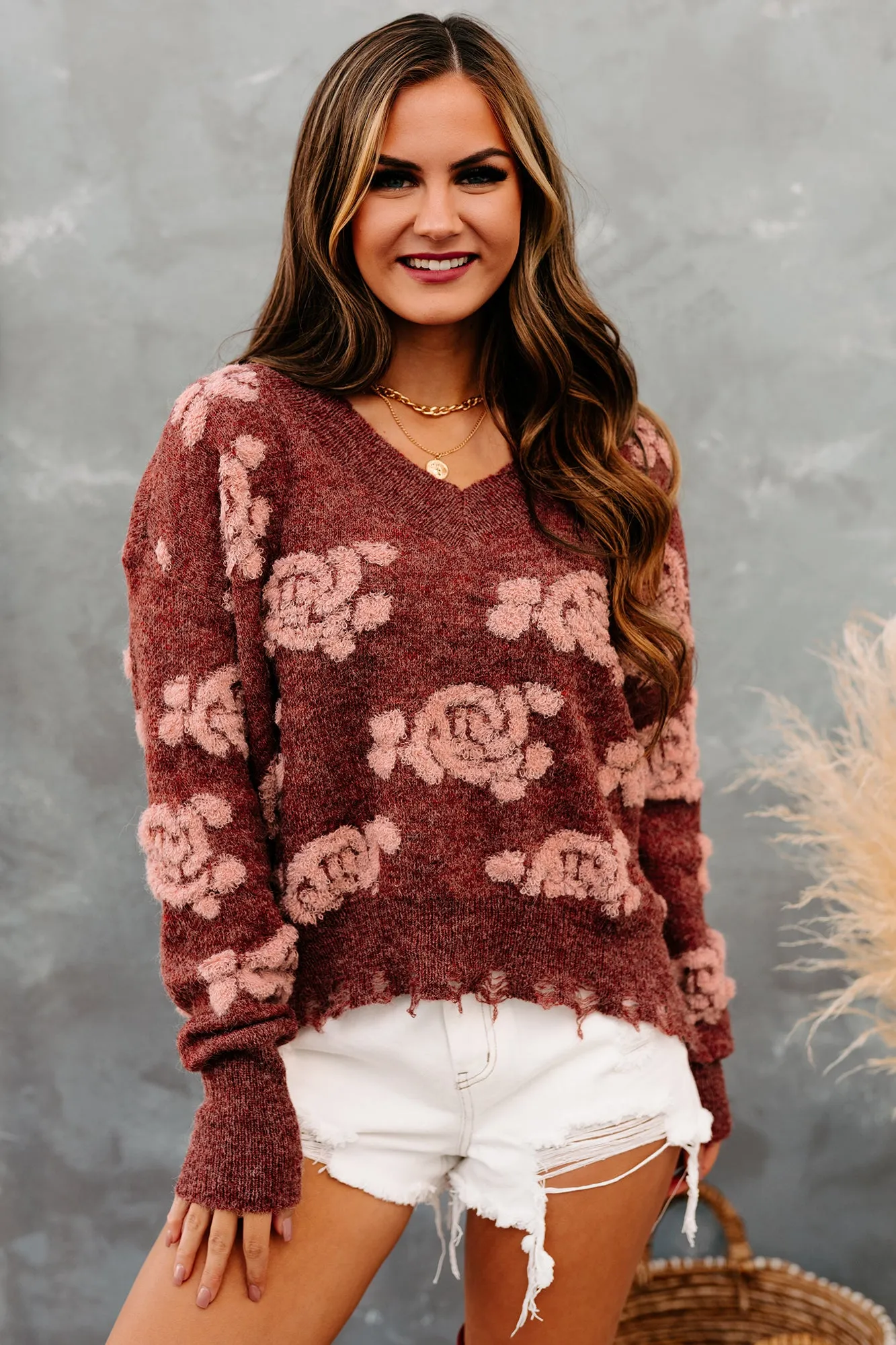 Eccentric Energy Textured Distressed Hem Sweater (Brick)