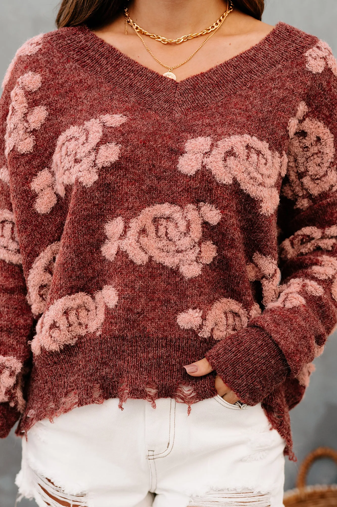 Eccentric Energy Textured Distressed Hem Sweater (Brick)