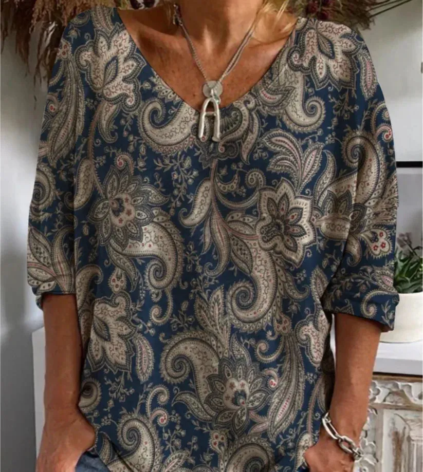 Elegant cotton blend V-neck top by Halsey, featuring 3/4 sleeves.