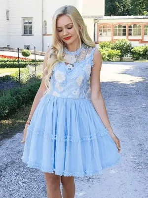 Elegant Jewel Short Cheap Light Blue Tulle Homecoming Party Dresses with Lace, TYP1089