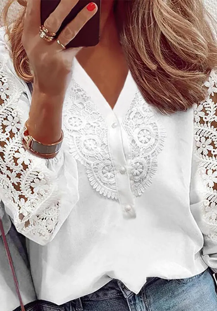 Elegant Lace Patchwork V-Neck Button-Up Blouse