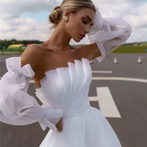 Elegant White Wedding Dresses 2021 Boho Wedding Gowns Pleated Puff Long Sleeve Bridal Dress Women Couture Spring Vestidos