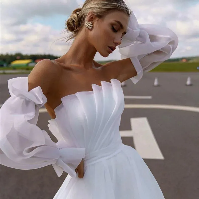 Elegant White Wedding Dresses 2021 Boho Wedding Gowns Pleated Puff Long Sleeve Bridal Dress Women Couture Spring Vestidos