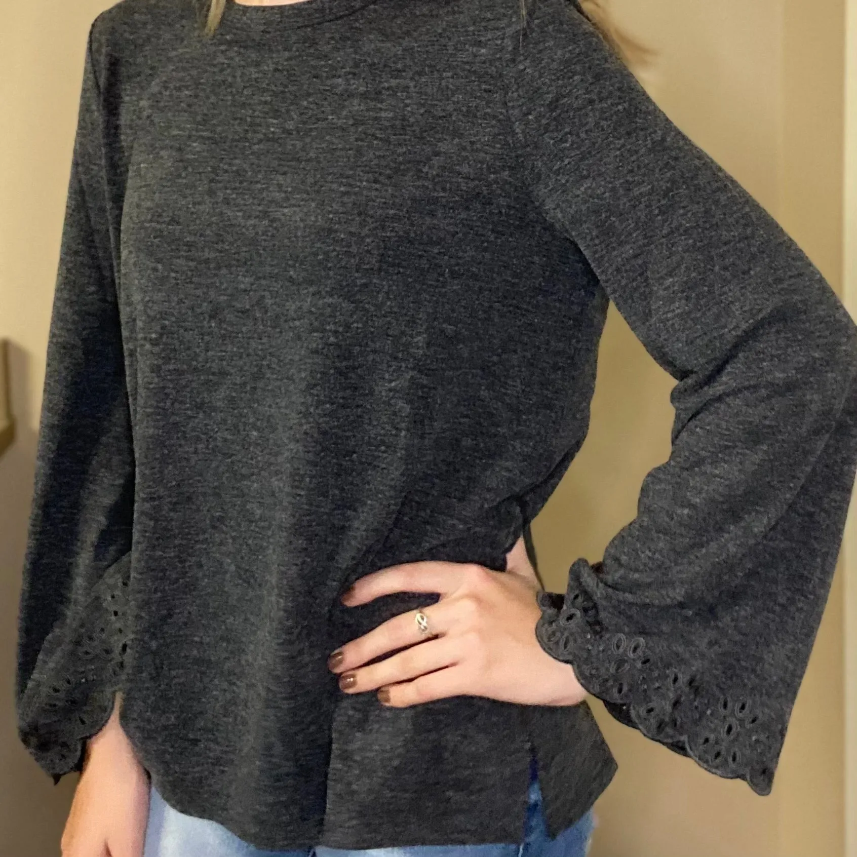 Embroidery Eyelet Detailed Bell Sleeve Top