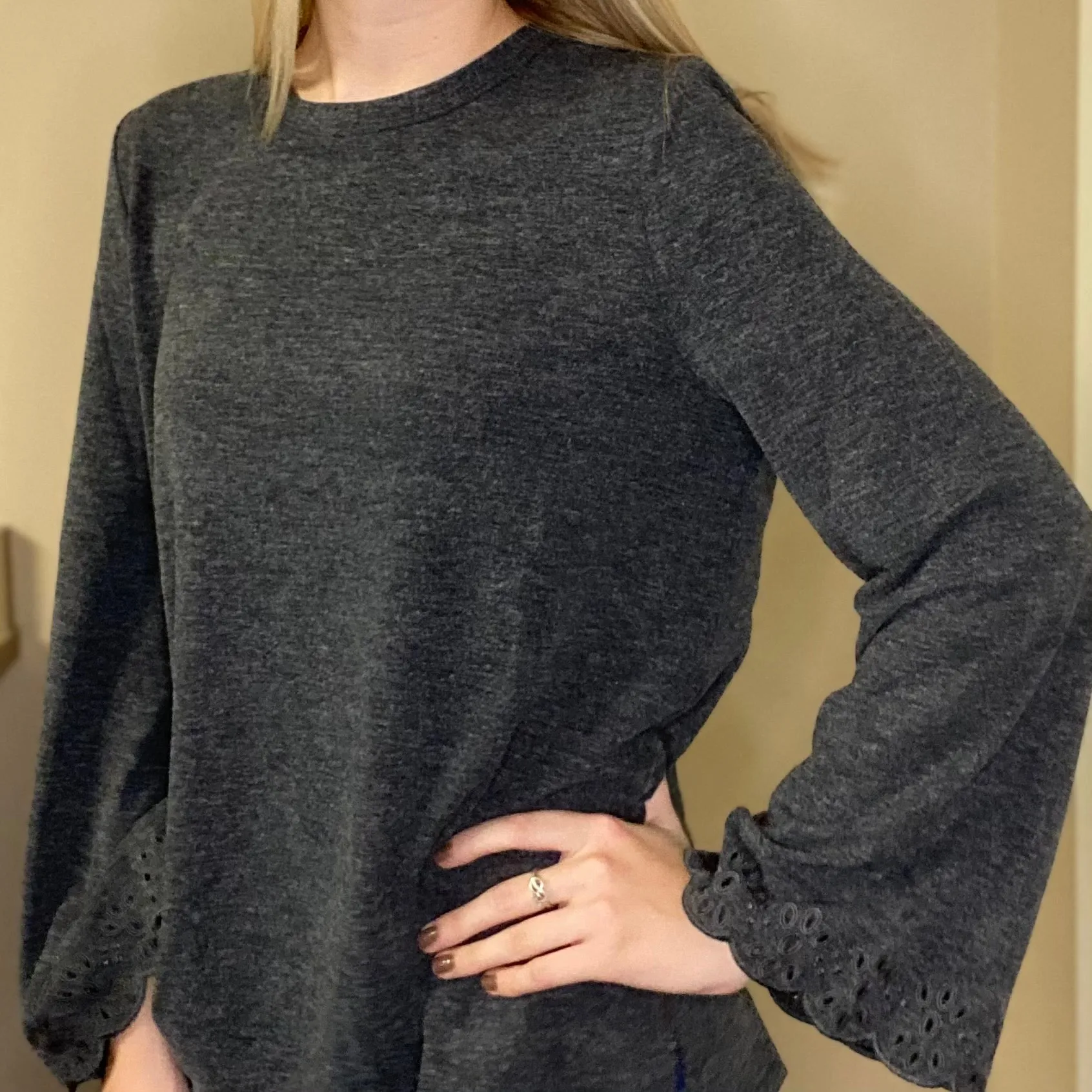 Embroidery Eyelet Detailed Bell Sleeve Top