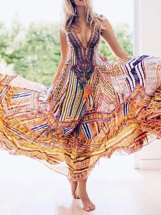 Ethnic Printed Plunging Empire Sleeveless V-neck Maxi Dresses