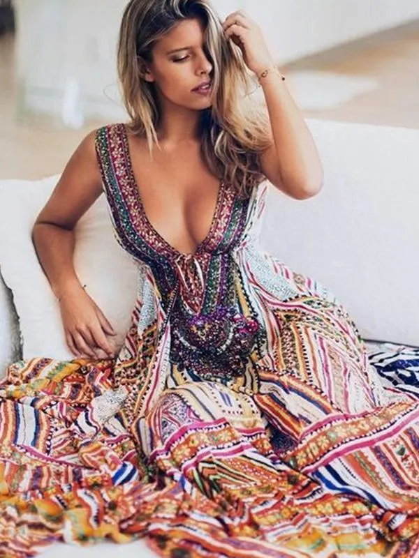 Ethnic Printed Plunging Empire Sleeveless V-neck Maxi Dresses