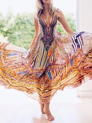 Ethnic Printed Plunging Empire Sleeveless V-neck Maxi Dresses