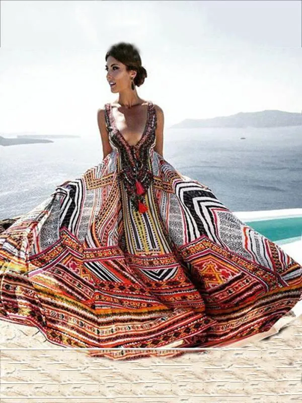 Ethnic Printed Plunging Empire Sleeveless V-neck Maxi Dresses
