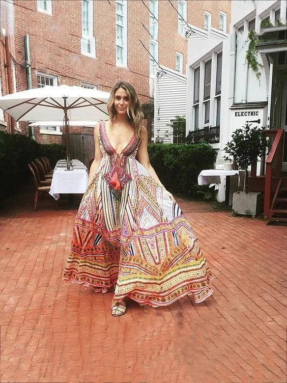 Ethnic Printed Plunging Empire Sleeveless V-neck Maxi Dresses