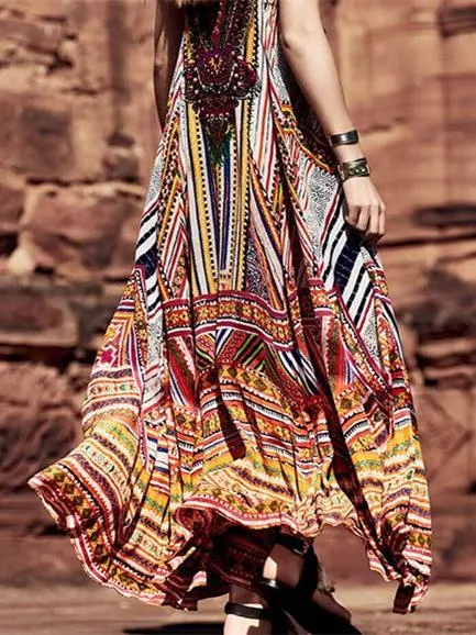 Ethnic Printed Plunging Empire Sleeveless V-neck Maxi Dresses