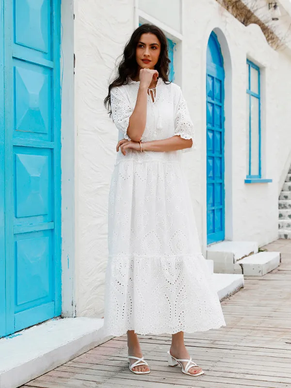 Eyelet V-Neck Dress with Tiered Skirt and Short Sleeves
